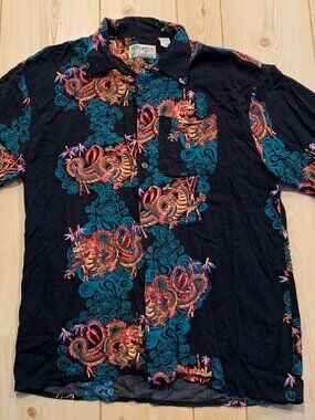Vintage 90s Aloha Joe Hawaiian Shirt Japanese Dragon Button-Down Size L